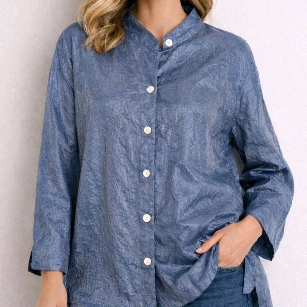 Cut Loose Womens Blue Bemberg Silk Like Button Down Blouse Shirt Top Size M